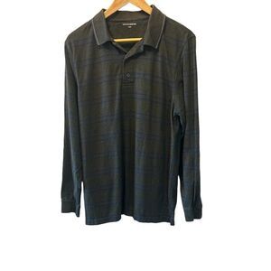 MENS DENVER HAYES Grey & Blue Striped Long Sleeve Cotton Polo Collared Shirt M